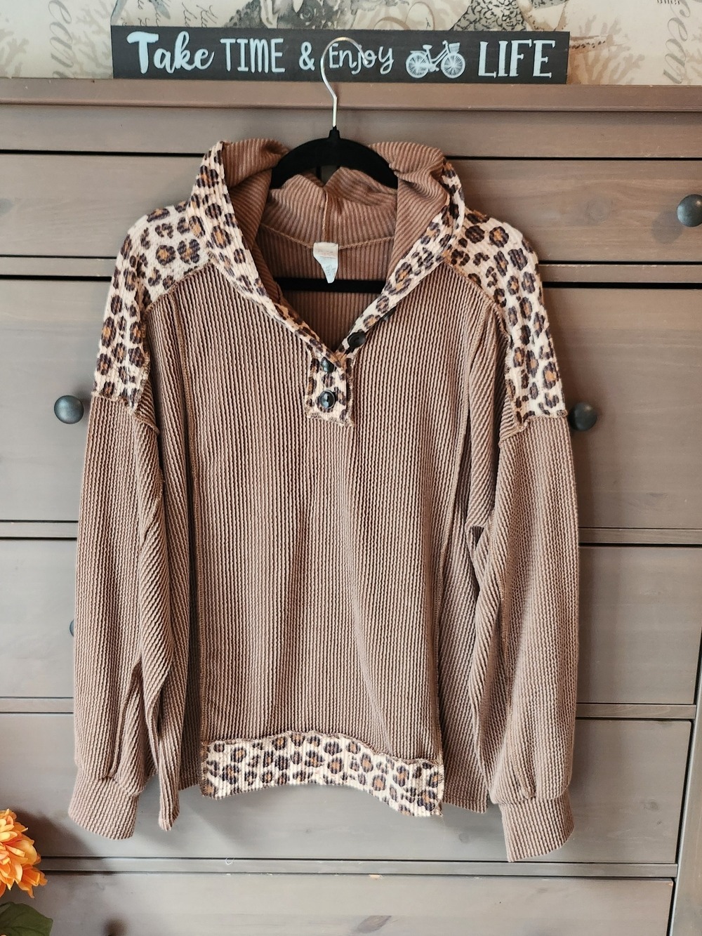 Cozy Leopard Trim Waffle-Knit Pullover Hoodie - Brown By 7th Ray